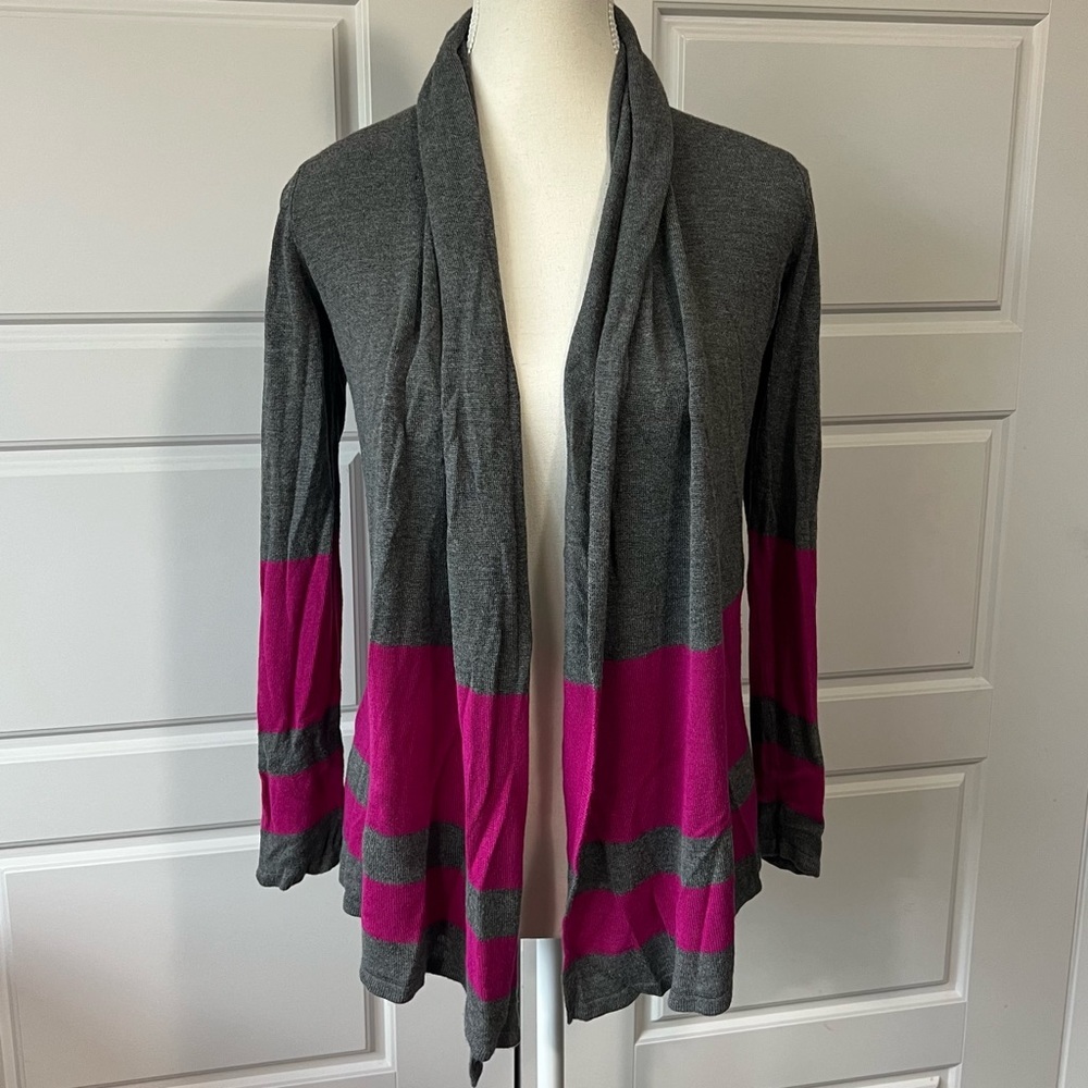 Inc Gray & Pink Striped Open Front‎ Cardigan Sweater Casual Comfy Layering